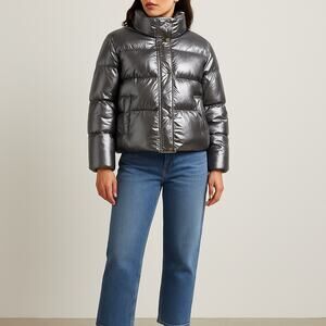 Who What Wear Metallic Silver Puffer Jacket Women’s Medium Shiny Winter Coat